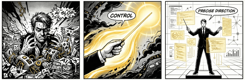 Three-panel comic about responding to change, learning practical skills, and moving forward with confidence